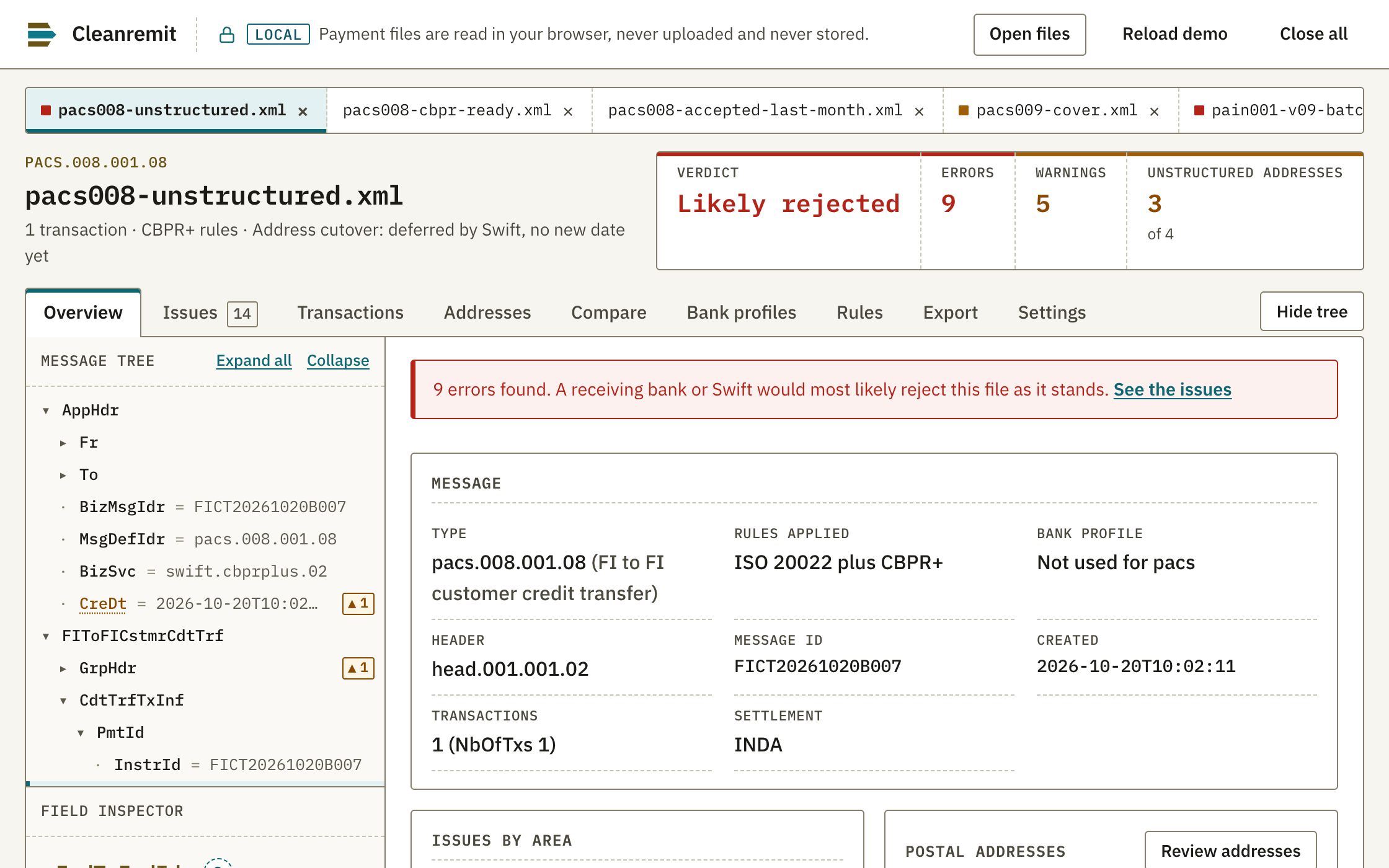 Cleanremit overview of a pacs.008 file likely to be rejected, with error, warning and unstructured address counts